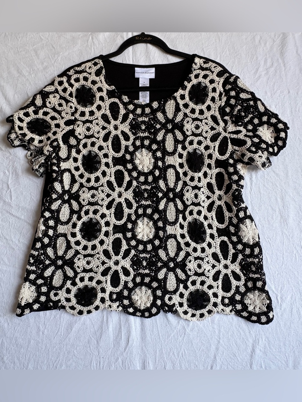 Alfred Dunner Black and Cream Crochet Floral Short Sleeve Tee